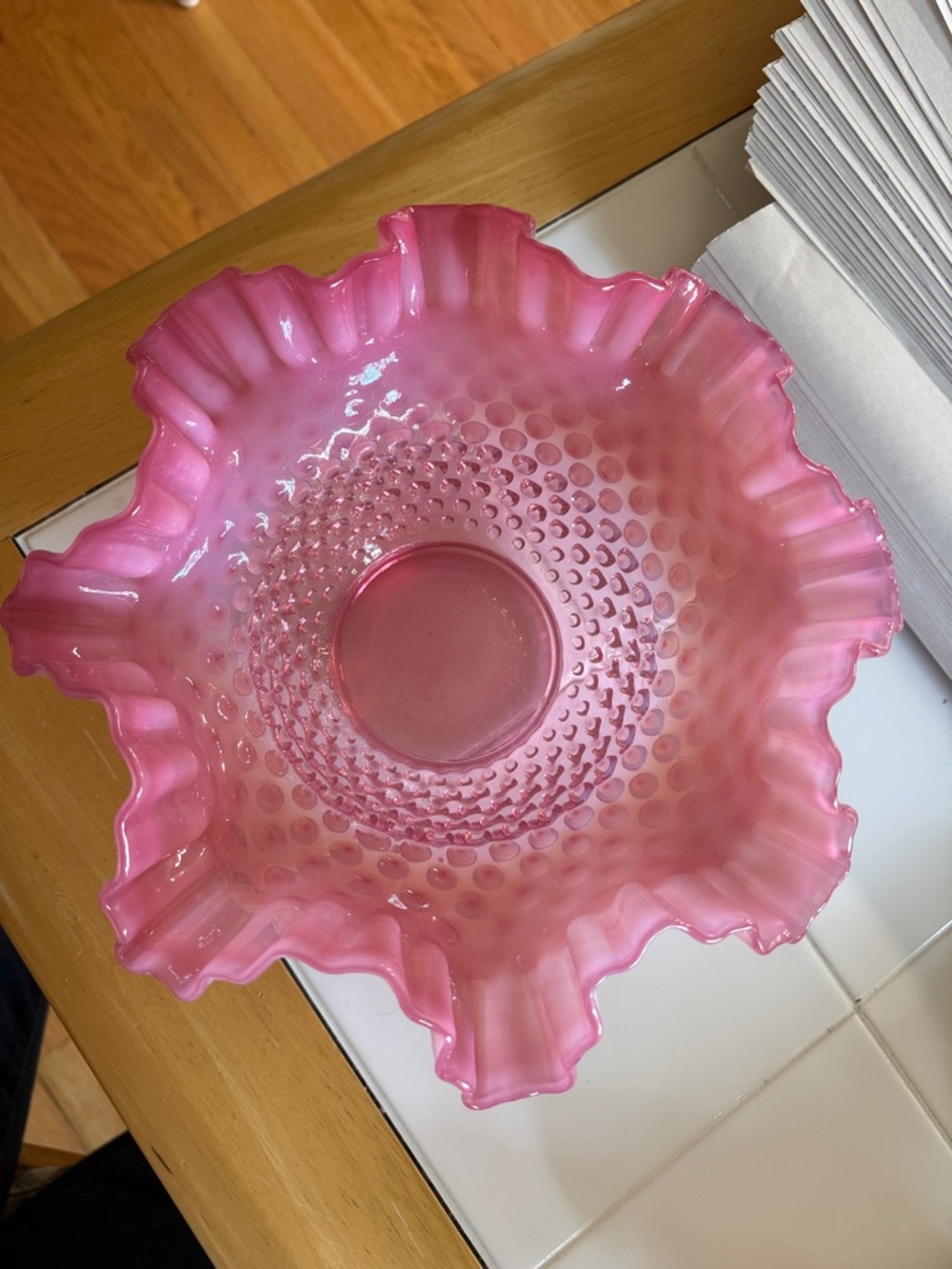 Fenton Pink Ruffled Hobnail Glass Bowl - Decorative Home Art - Picture 4 of 4